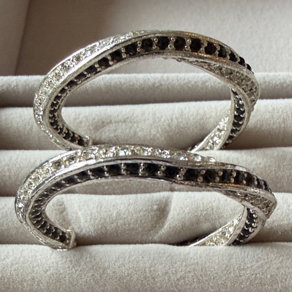 WHBM Silver Hoop Costume Earrings with Black and Clear Stones